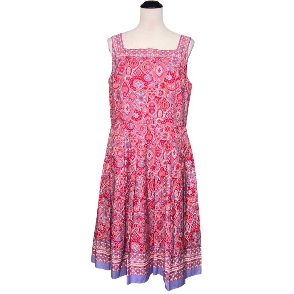 NWT Talbots Paisley Fit & Flare Dress Women 12 Red Square Neck Cotton Sleeveless